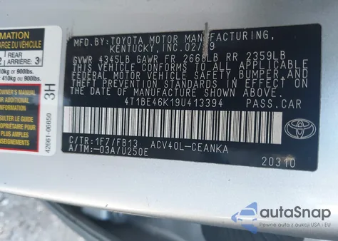 2009 Toyota Camry Le z USA, uszkodzony, nr VIN 4T1BE46K19U413394